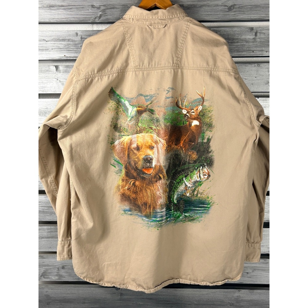 Vintage Golden Retriever Dog Deer Hunting Shirt Mens XL Khaki Cotton Long Sleeve